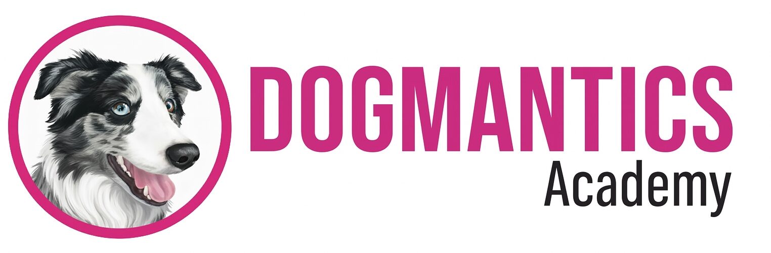 a logo that has a round magenta circle with one of emily's merle border collies faces in it. The dog is smiling. To the right it says Dogmantics in magenta and below it in smaller letters Academy